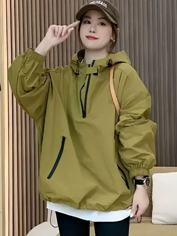 潮牌纯色拉链连帽冲锋衣套头外套女2023春秋爆款高级减龄宽松上衣商品大图