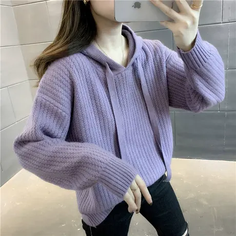 春季新款女装上衣连帽针织卫衣爆款百搭女士毛衣宽松慵懒风设计商品大图