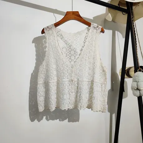 薄款针织开衫背心女夏外穿宽松复古文艺花朵镂空无袖v领马甲上衣商品大图