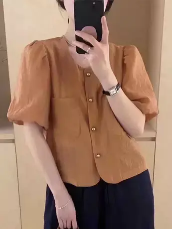 欧货薄款洋气雪纺衬衫女短袖2023夏季新款别致减龄泡泡袖小衫上衣商品大图