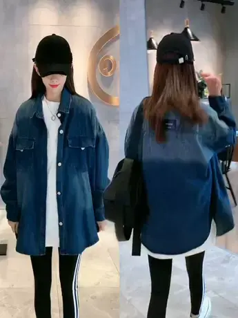 2023秋季新款复古渐变牛仔衬衫外套女慵懒风中长款衬衣小众上衣潮商品大图