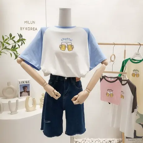 ins复古港味原宿风短袖2022夏季新款韩国东大门插肩袖T恤宽松大码商品大图