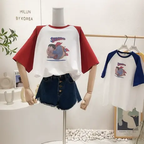 韩国东大门搞怪可爱上衣夏季新款复古插肩袖休闲T恤宽松学院风潮图片