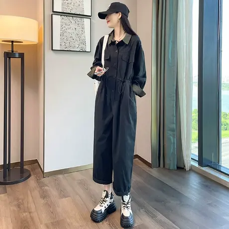 翻领单排扣工装连体裤女春秋季小个子2023新款宽松休闲连衣裤套装图片