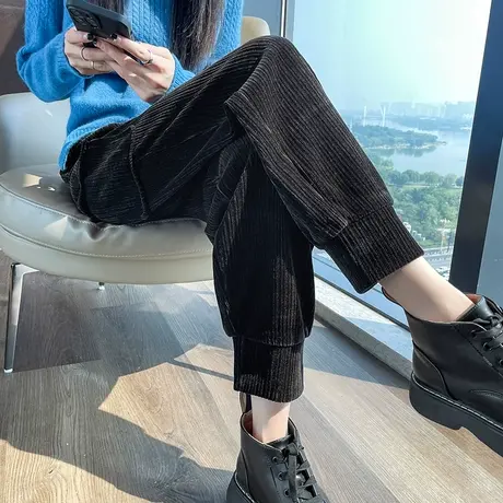 黑色灯芯绒工装裤女2024秋冬新款高腰宽松显瘦休闲百搭条绒萝卜裤图片