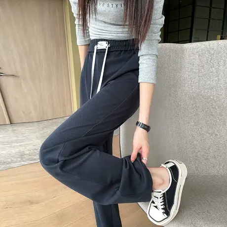 美式灰色运动裤女春秋新款高腰垂感拖地阔腿裤子宽松直筒休闲卫裤商品大图