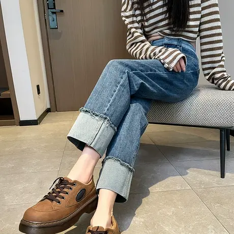 卷边直筒牛仔裤女2024年秋冬新款高腰显瘦八分九分烟管裤小个子商品大图