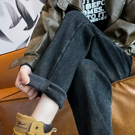 加绒哈伦牛仔裤女秋冬新款高腰宽松大码胖mm遮肉显瘦小个子老爹裤商品大图