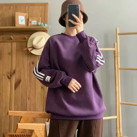 dza 复古三条杠休闲圆领加绒卫衣外套女秋冬内搭打底上衣宽松长袖图片