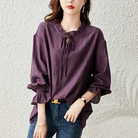 胖MM木耳边烫钻雪纺衬衫女春秋新款宽松加大码女装遮肚子显瘦小衫图片