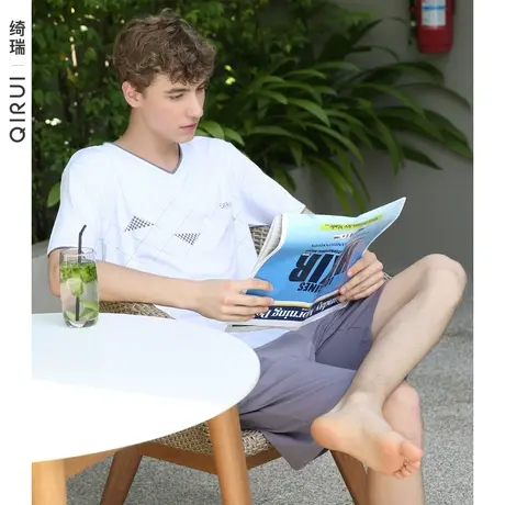绮瑞夏季莫代尔男睡衣短袖棉质薄款休闲简约套装男士可外穿家居服商品大图