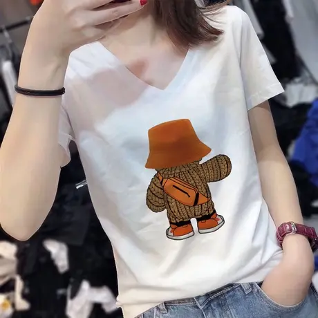白色短袖t恤女v领纯棉宽松半袖大码胖mm显瘦上衣潮牌ins夏季女装商品大图