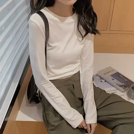 加厚德绒内搭长袖白色t恤打底衫女秋冬叠穿卫衣修身磨毛加绒上衣商品大图