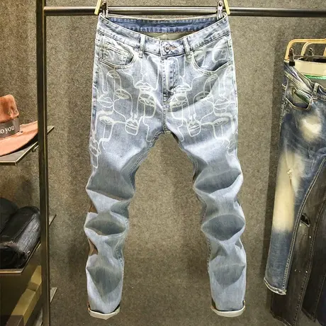 时尚潮流牛仔裤男士修身弹力小脚裤高端潮牌不规则印花蓝色长裤子商品大图