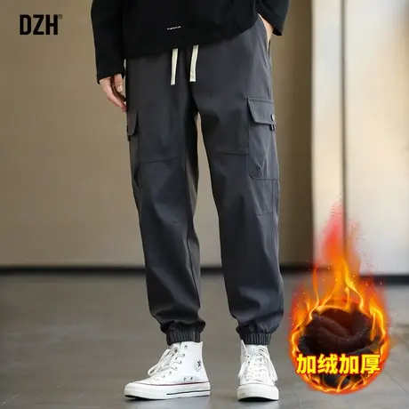 男士黑色加绒工装裤男秋冬款加厚运动裤子束脚裤休闲长裤2024新款商品大图
