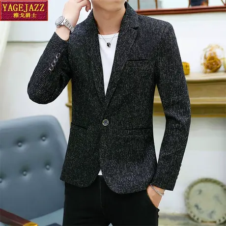 新款男士西服修身小西装韩版仿麻免烫面料 青年上衣休闲外套潮商品大图