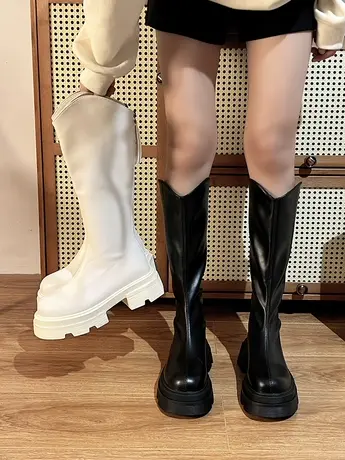 小众复古方头厚底堆堆靴女靴子2023年新款骑士靴春秋单靴高筒长靴图片