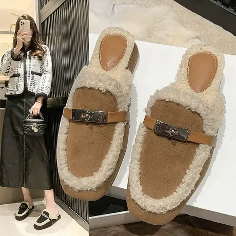 法式复古羊羔毛毛拖鞋女外穿秋冬季加绒穆勒鞋包头半拖鞋棉拖女鞋商品大图