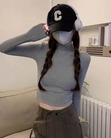 半高领打底衫女春秋冬季新款宽松显瘦外套内搭德绒加绒长袖T恤潮图片