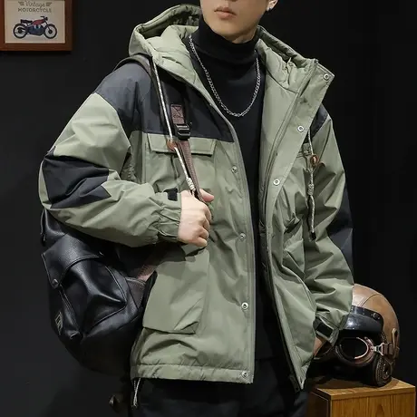 鸭绒羽绒服男冬季连帽2023新款男装大码男士工装潮牌外套加肥加大商品大图