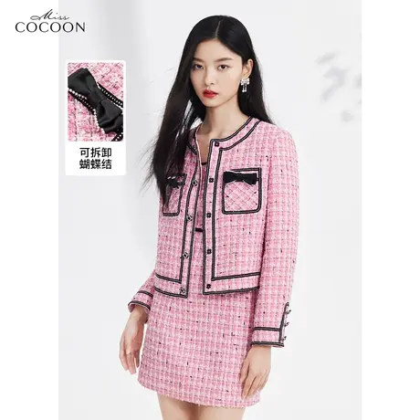 miss cocoon法式粉色小香风外套女2023新款春季时尚粗花呢短外套商品大图