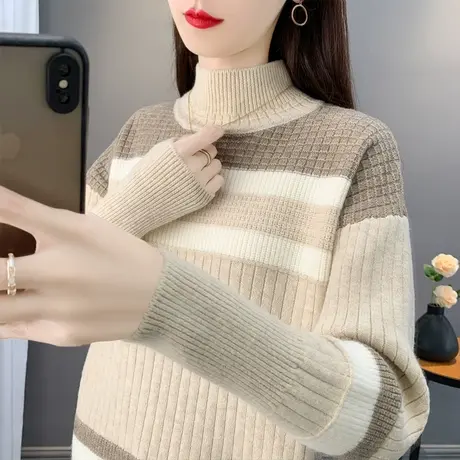 女士半高领毛衣女冬季2025年新款拼色条纹打底衫秋冬爆款外穿加厚商品大图