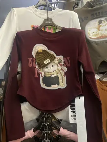 2023冬季新款减龄卡通印花圆领修身百搭内搭显瘦短款磨毛打底衫T商品大图