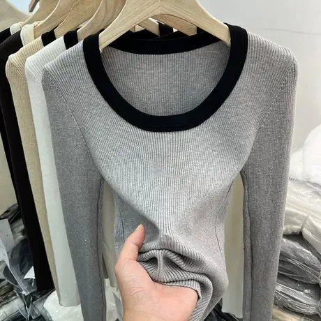 拼色低圆领坑条长袖针织衫女毛衣2023秋冬新款紧身显瘦打底衫上衣图片