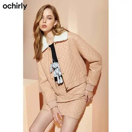 【呼呼严选专享】欧时力仿毛领PU皮棉衣外套新款春装菱格气质休闲图片