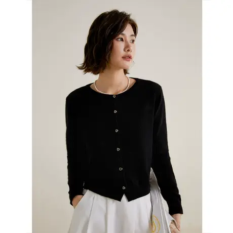 弥古黑色圆领针织衫外套女毛衣开衫外搭秋冬修身内搭短款打底上衣商品大图