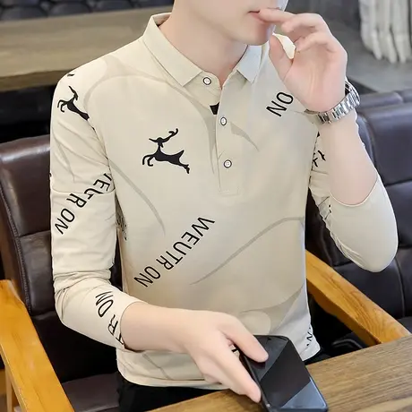 秋季纯棉长袖t恤男士翻领polo衫休闲潮流宽松印花潮牌青年秋衣ins商品大图