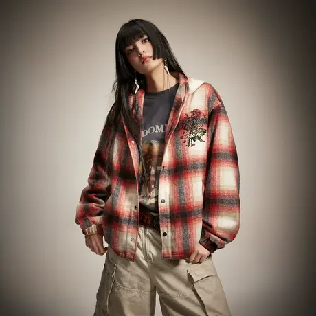 设计感复古绣花格子连帽外套女春秋2024年新款情侣装夹克宽松上衣图片