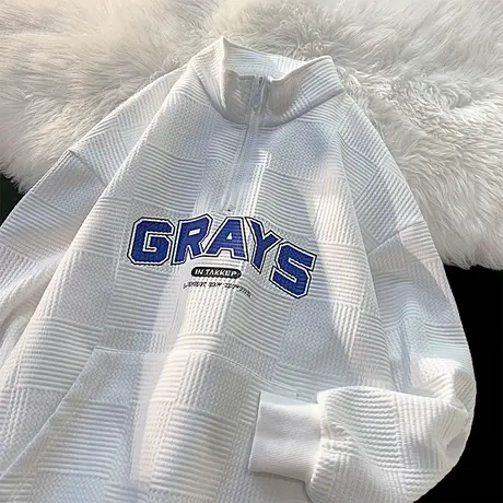 半拉链华夫格宽松套头外套男秋季oversize潮牌夹克印花休闲上衣服商品大图