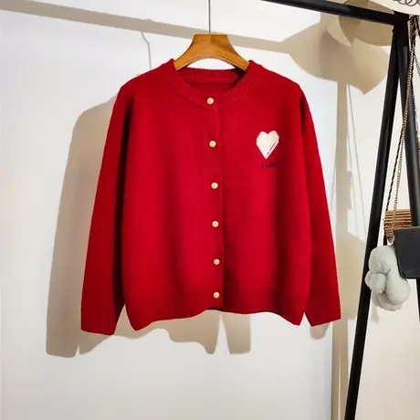 2024新年红色毛衣开衫外套女秋冬新款宽松圆领百搭针织衫上衣外穿商品大图