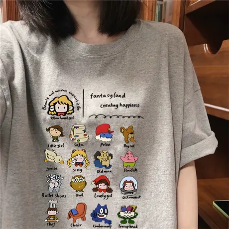 复古chic港味纯棉短袖正肩t恤女ins潮夏季oversize设计感宽松上衣图片