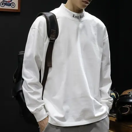 春季2024新款长袖t恤男纯棉潮牌大码男士内搭打底重磅白色春秋款图片