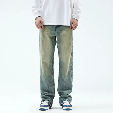 黄泥色微喇叭牛仔裤男潮牌宽松直筒美式休闲高街裤子高个子加长版商品大图