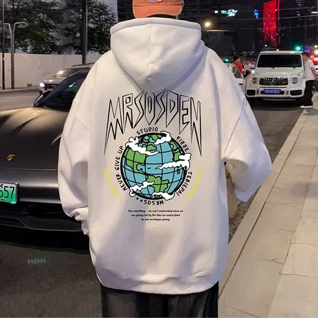 潮流地球印花连帽卫衣男春秋季宽松oversize纯棉情侣高街小众外套商品大图