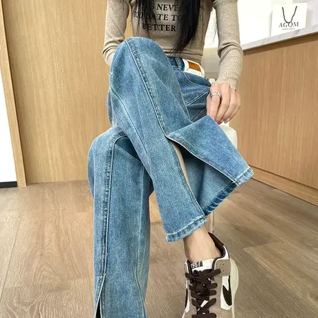 浅蓝色开叉双扣高腰牛仔裤女2024年春秋款宽松直筒显瘦拖地阔腿裤商品大图