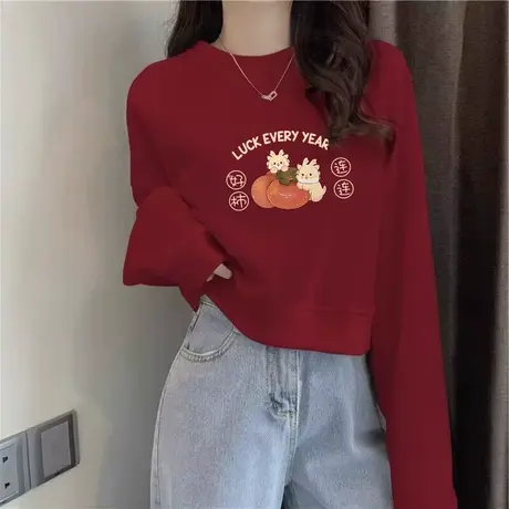 网红爆款印花圆领短款酒红色卫衣女2024新款小个子设计感喜庆上衣商品大图