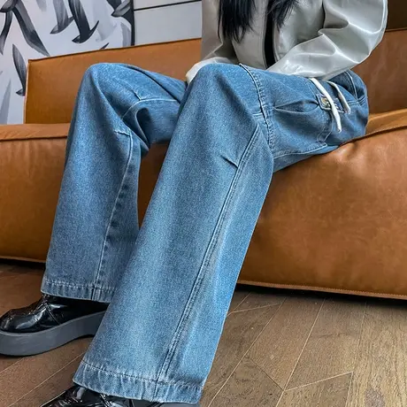 松紧腰工装牛仔裤女春秋季设计感小众高腰显瘦垂感美式高街拖地裤商品大图