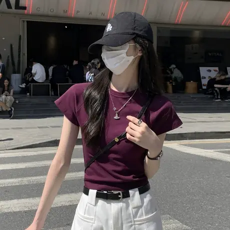 甜辣妹紫色短袖t恤女夏季新款设计感小众修身显瘦短款bm正肩上衣商品大图