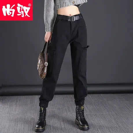 尚驭黑色BF风工装裤女2022春季新款束脚高腰休闲裤弹力小脚牛仔裤图片