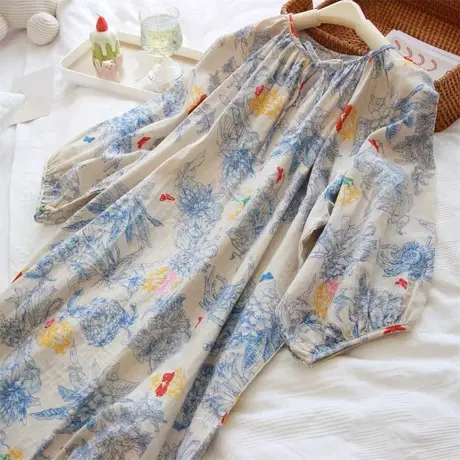 高品质 法式小复古青花 宽松小V领套头 春夏全棉纱布 半袖长睡裙商品大图