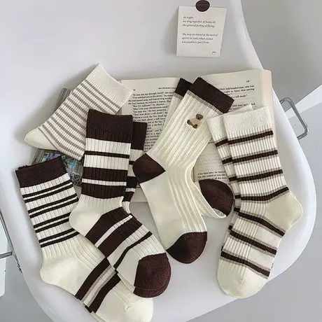袜子女棉袜咖色系条纹中筒袜四季款堆堆袜学院风卡通小熊刺绣袜子商品大图