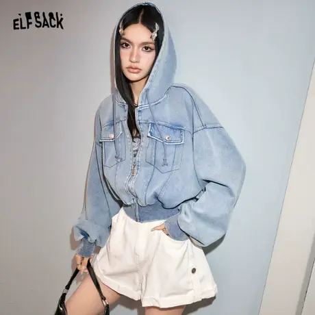 妖精的口袋美式复古连帽短外套女2024早春季新款小个子设计感外套图片