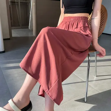 裙裤女2024夏季新款薄款阔腿爆款高腰休闲红色时尚宽松冰丝半身裙图片