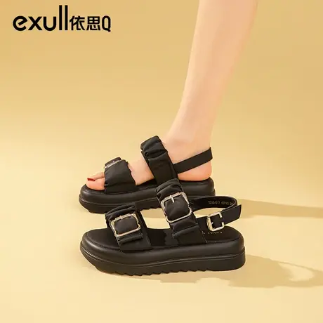 依思q一字扣夏季黑色凉鞋女2024年今年新款厚底超火海边松糕女鞋商品大图