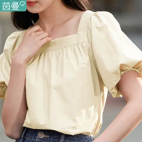茵曼法式短袖衬衫T恤女士2024夏季新款泡泡袖纯棉衬衣上衣高级感图片