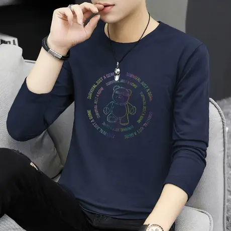 纯棉t恤男士长袖小熊印花小衫体恤上衣服全棉内搭打底衫宽松潮流商品大图